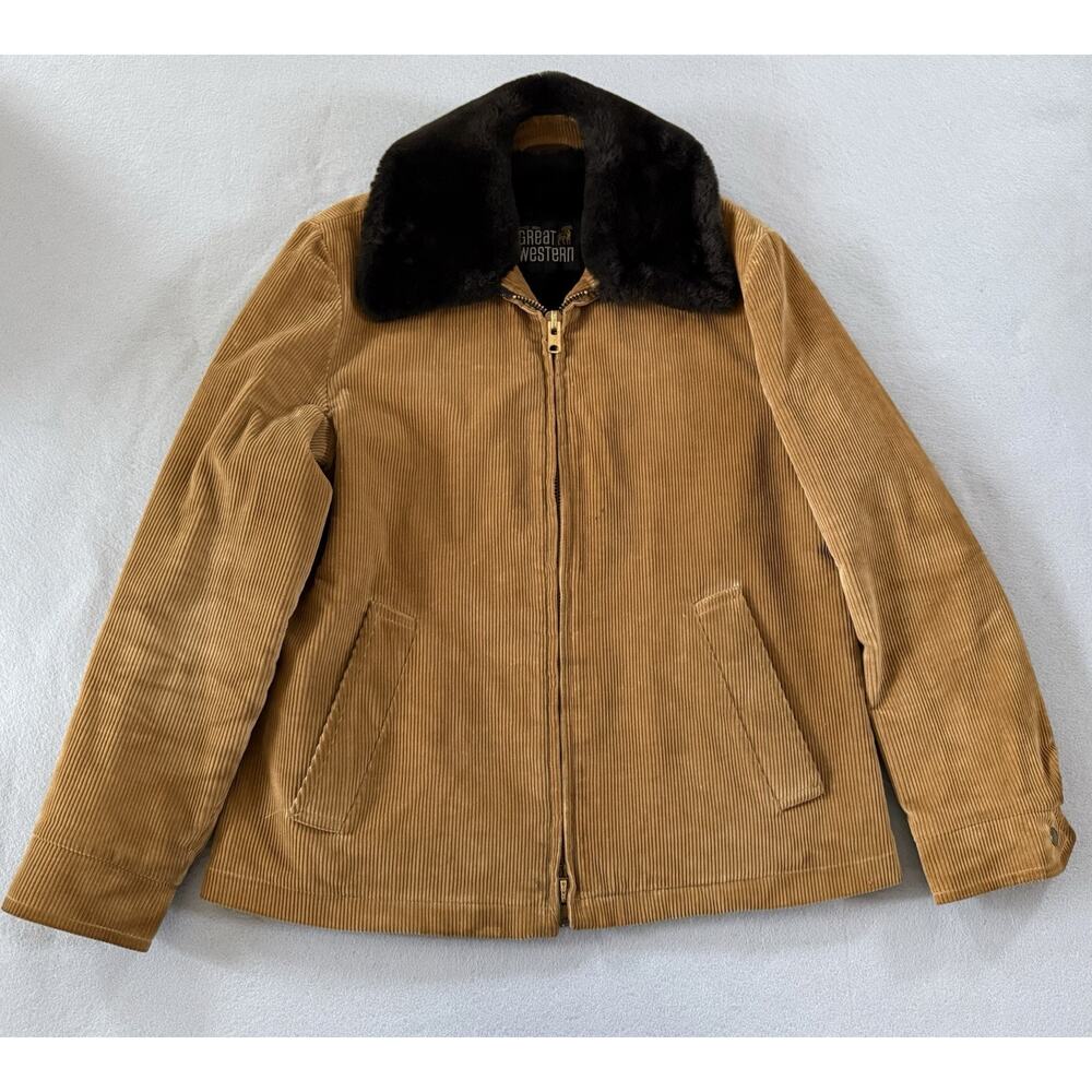 Vintage Western Corduroy Ranch Jacket Faux Fur Lined Talon Zip Cowboy Coat L